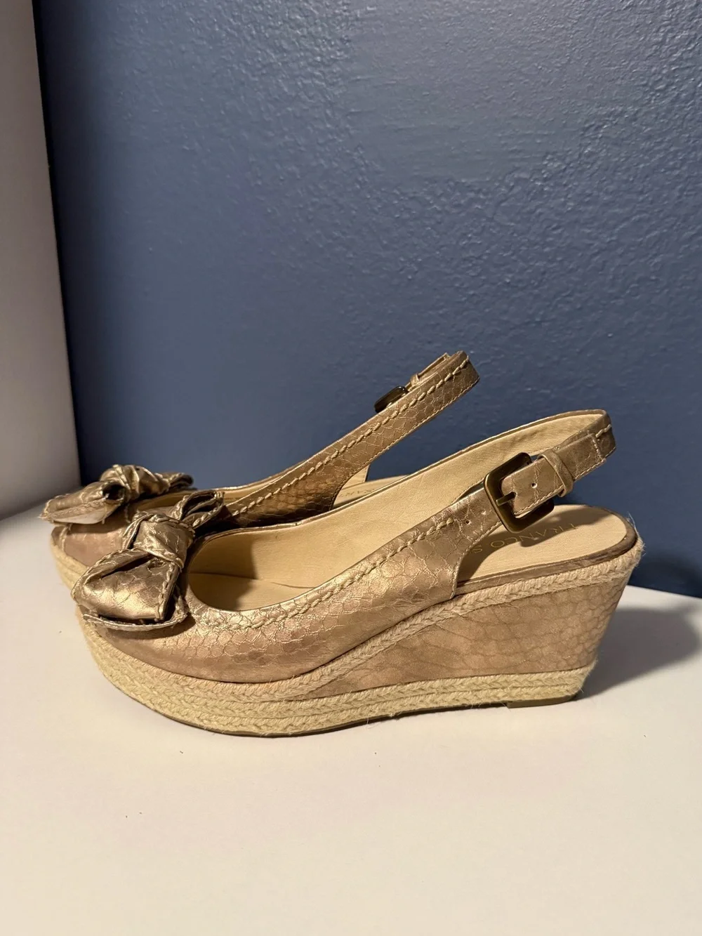 Franco Sarto Olympia Gold Metallic Espadrille Wedge Bow Slingback Size 8 1/2